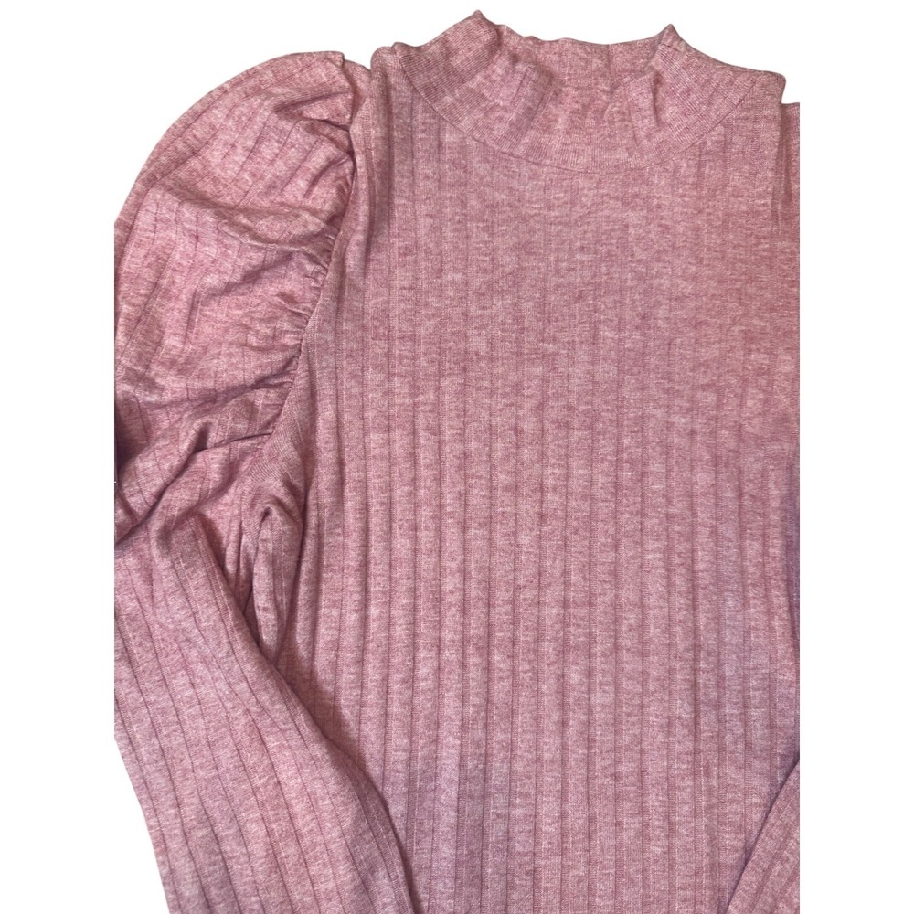 New Zenana Small Light Rose Pink Mock Neck Puff Sleeve Ribbed Top HT-2273Y - Picture 5 of 7